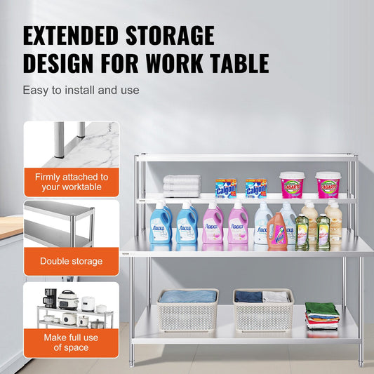 Stainless Steel Double Tier Overshelf, Adjustable, 0.3 x 1.8m, 11.85 kg Capacity