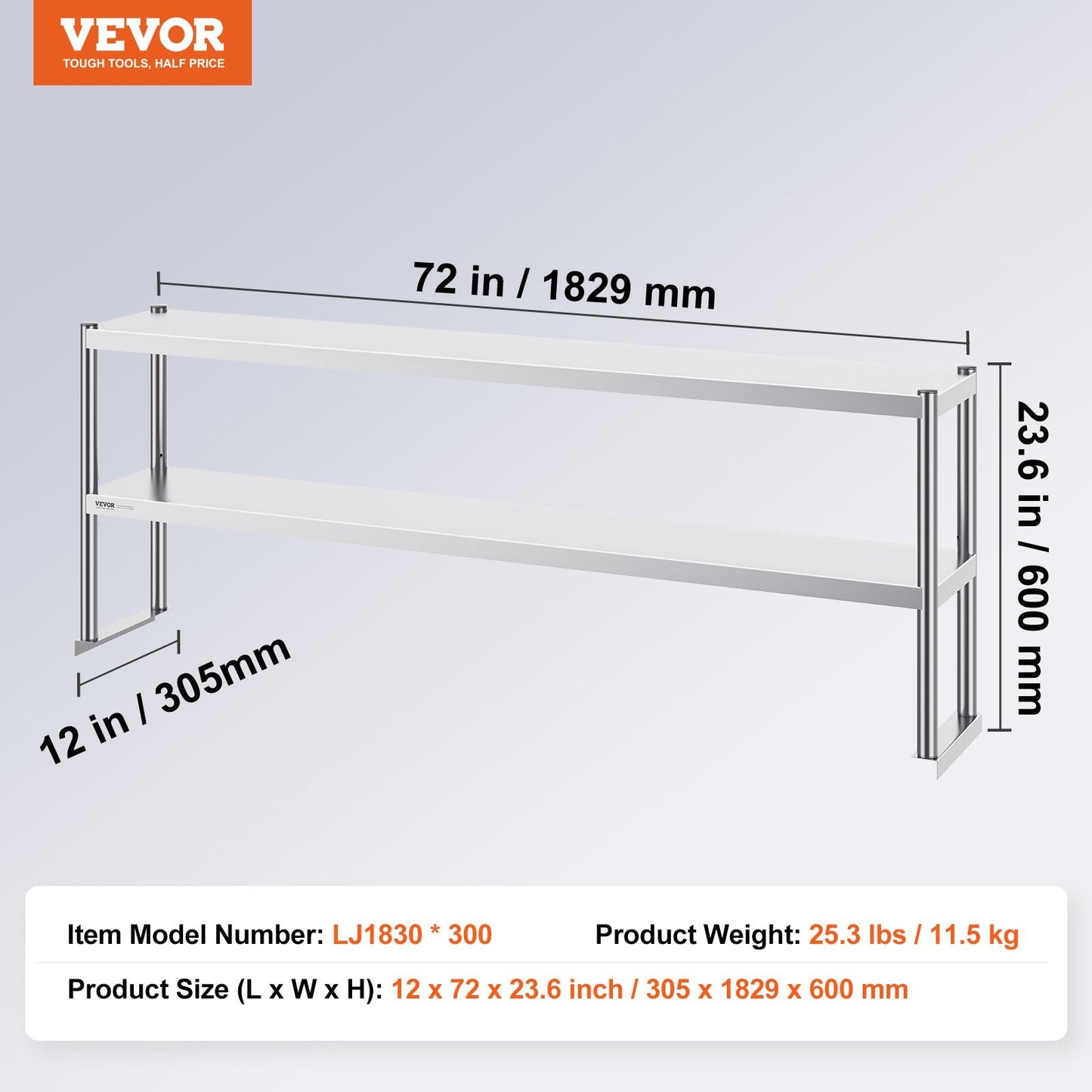 Stainless Steel Double Tier Overshelf, Adjustable, 0.3 x 1.8m, 11.85 kg Capacity