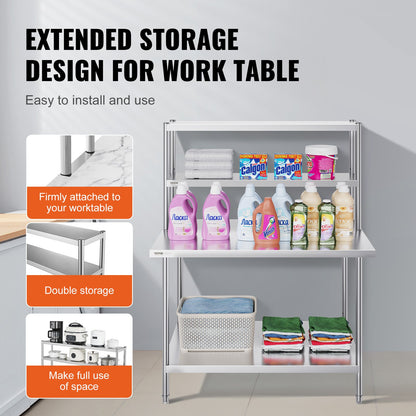 VEVOR Double Overshelf, Double Tier Stainless Steel Overshelf, 12 x 48 Inch Double