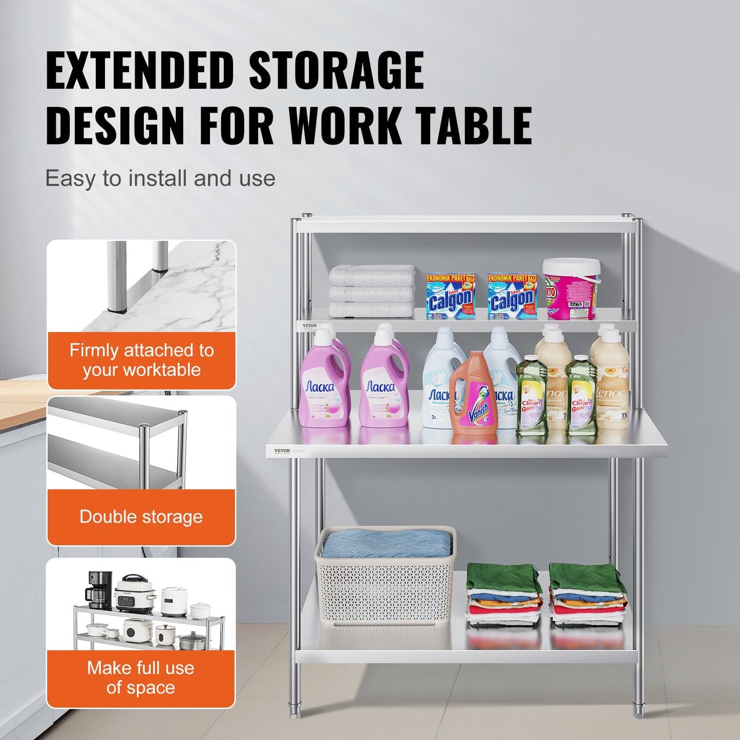 Double Tier Stainless Steel Overshelf, 0.3 x 1.2 m, Height Adjustable