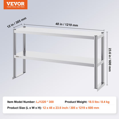 VEVOR Double Overshelf, Double Tier Stainless Steel Overshelf, 12 x 48 Inch Double