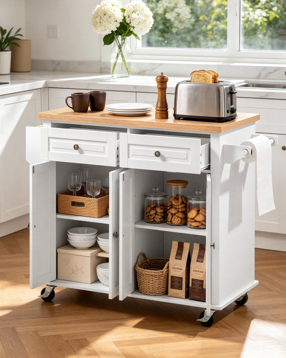 Kitchen Island Cart with Storage, 1110 mm Wide Mobile Rolling Storage Island on Swivel Wheels, with 2 Drawers, Storage Cabinet, Spice/Towel Rack, Hooks, Table for Home Dining Room, White