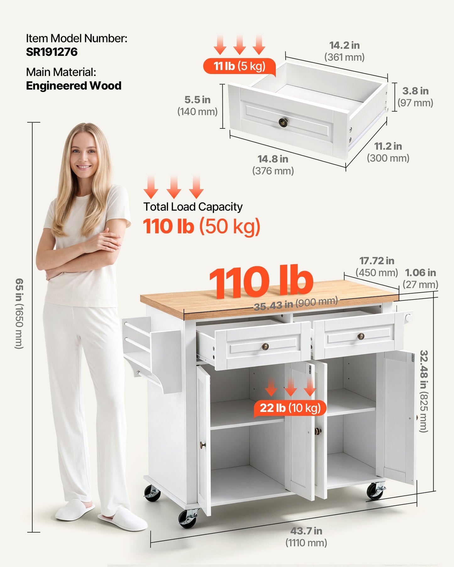 Kitchen Island Cart with Storage, 1110 mm Wide Mobile Rolling Storage Island on Swivel Wheels, with 2 Drawers, Storage Cabinet, Spice/Towel Rack, Hooks, Table for Home Dining Room, White