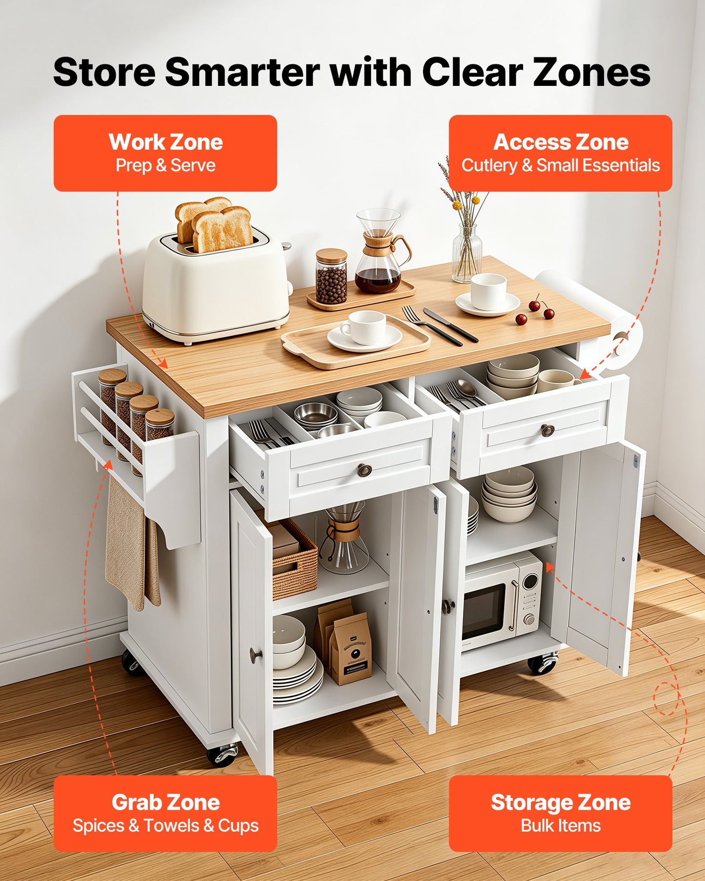 Kitchen Island Cart with Storage, 1110 mm Wide Mobile Rolling Storage Island on Swivel Wheels, with 2 Drawers, Storage Cabinet, Spice/Towel Rack, Hooks, Table for Home Dining Room, White