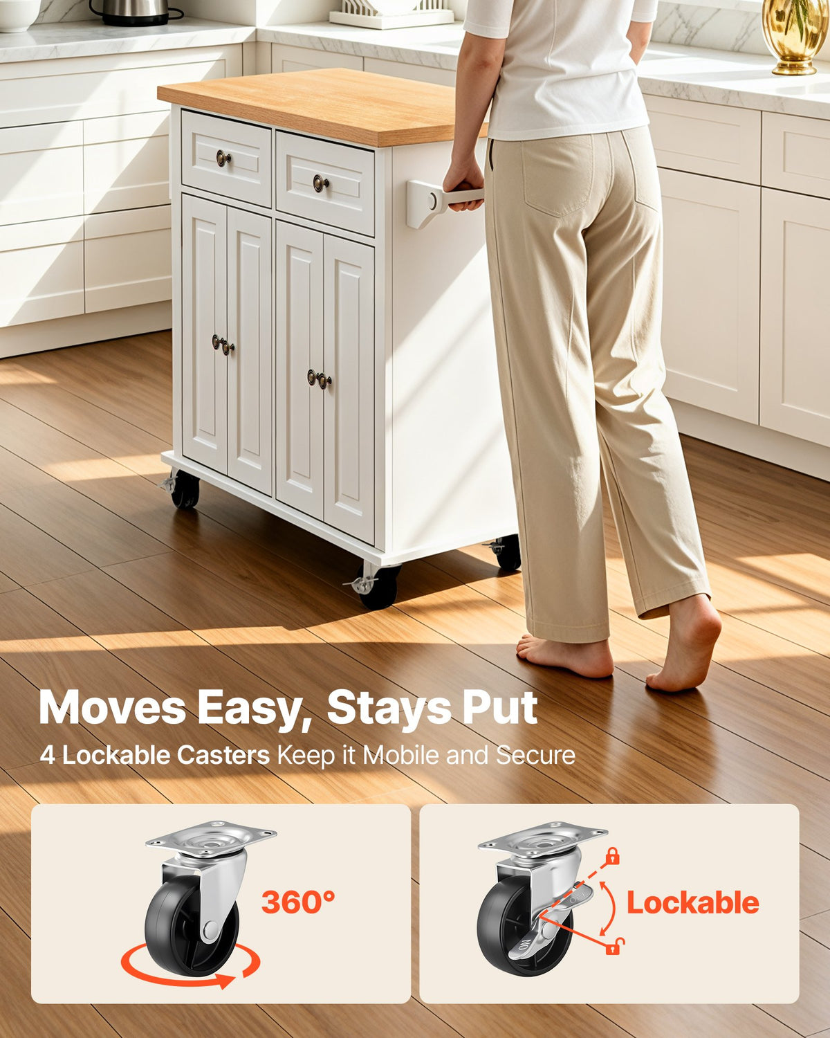 Kitchen Island Cart with Storage, 1110 mm Wide Mobile Rolling Storage Island on Swivel Wheels, with 2 Drawers, Storage Cabinet, Spice/Towel Rack, Hooks, Table for Home Dining Room, White