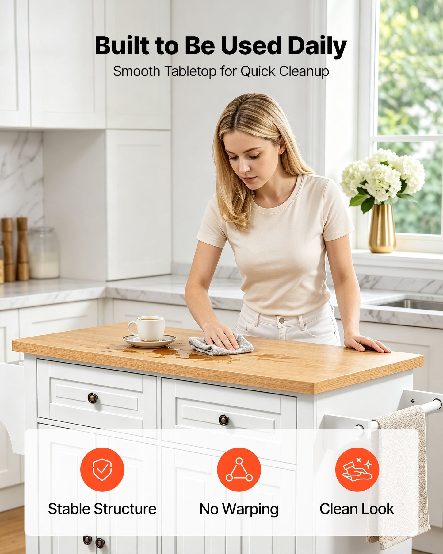 Kitchen Island Cart with Storage, 1110 mm Wide Mobile Rolling Storage Island on Swivel Wheels, with 2 Drawers, Storage Cabinet, Spice/Towel Rack, Hooks, Table for Home Dining Room, White