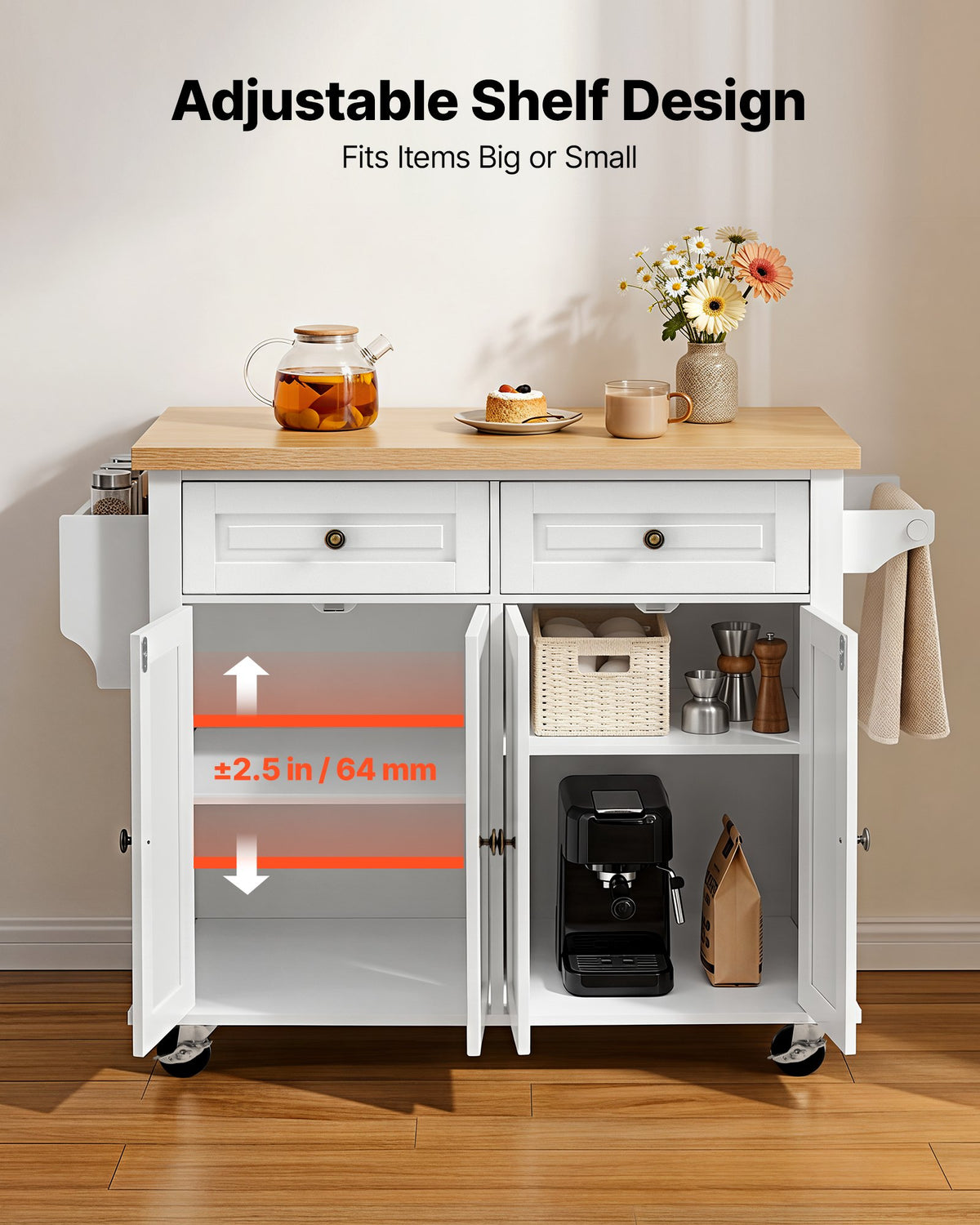 Kitchen Island Cart with Storage, 1110 mm Wide Mobile Rolling Storage Island on Swivel Wheels, with 2 Drawers, Storage Cabinet, Spice/Towel Rack, Hooks, Table for Home Dining Room, White
