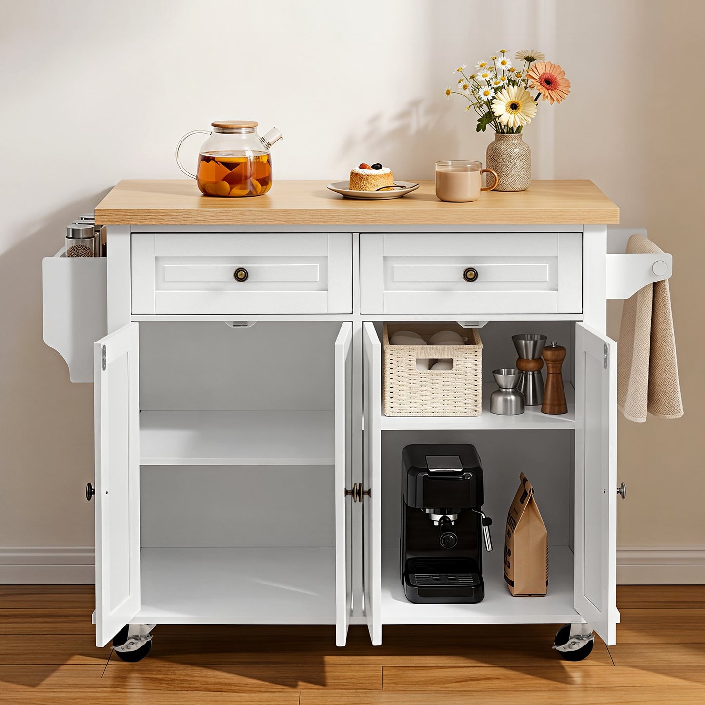Kitchen Island Cart with Storage, 1110 mm Wide Mobile Rolling Storage Island on Swivel Wheels, with 2 Drawers, Storage Cabinet, Spice/Towel Rack, Hooks, Table for Home Dining Room, White