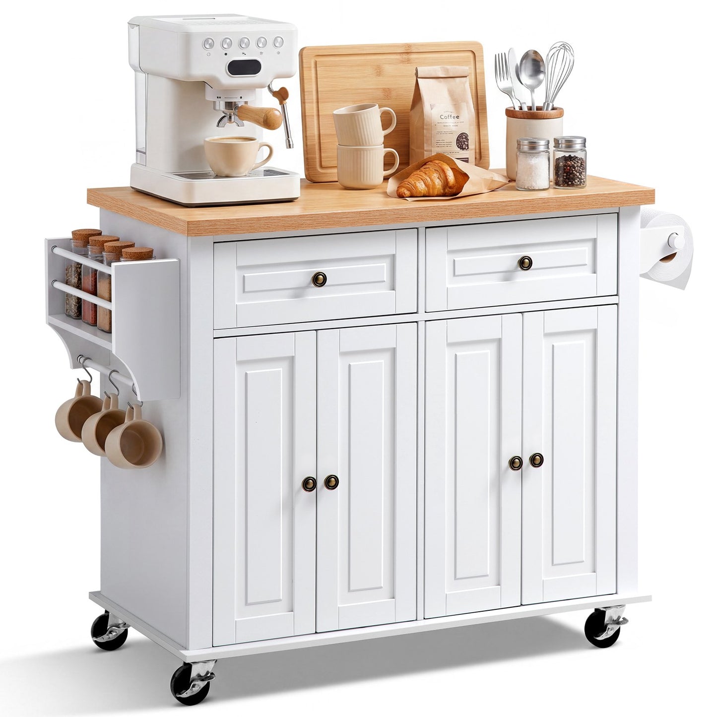 Kitchen Island Cart with Storage, 1110 mm Wide Mobile Rolling Storage Island on Swivel Wheels, with 2 Drawers, Storage Cabinet, Spice/Towel Rack, Hooks, Table for Home Dining Room, White