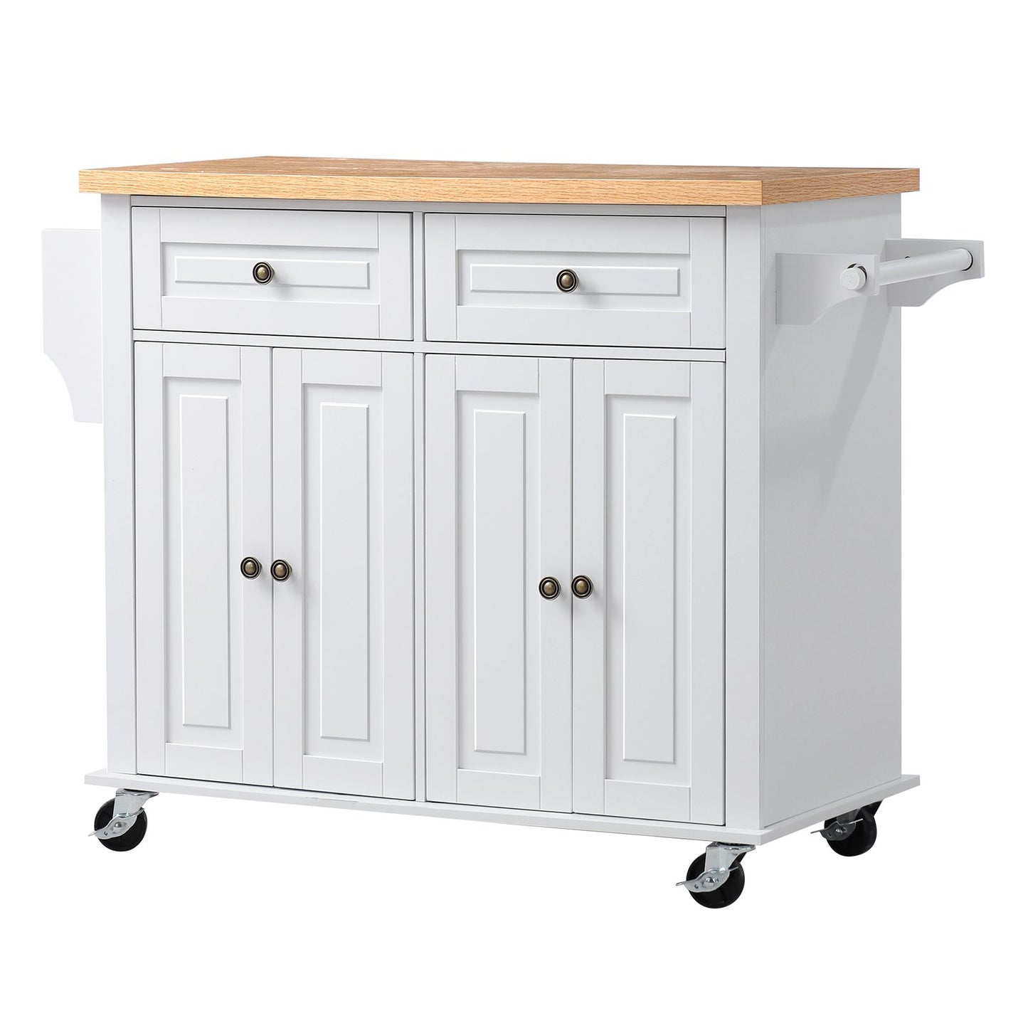Kitchen Island Cart with Storage, 1110 mm Wide Mobile Rolling Storage Island on Swivel Wheels, with 2 Drawers, Storage Cabinet, Spice/Towel Rack, Hooks, Table for Home Dining Room, White