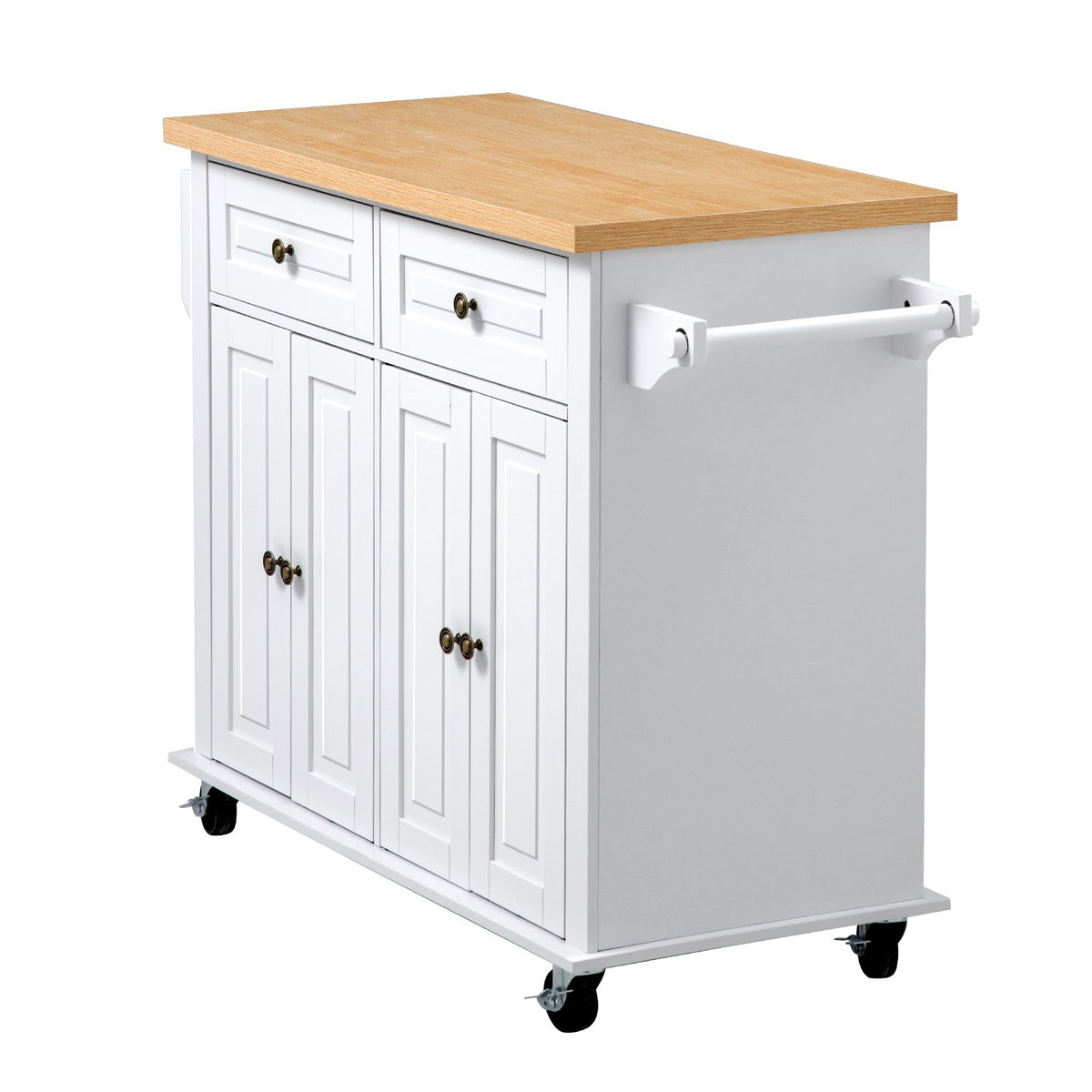 Kitchen Island Cart with Storage, 1110 mm Wide Mobile Rolling Storage Island on Swivel Wheels, with 2 Drawers, Storage Cabinet, Spice/Towel Rack, Hooks, Table for Home Dining Room, White
