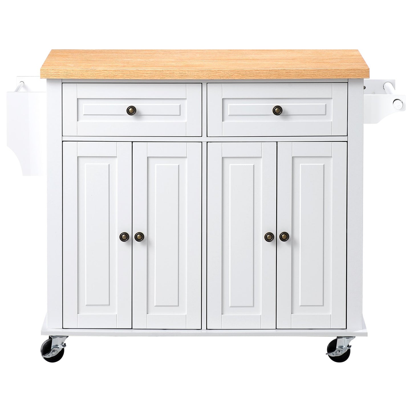Kitchen Island Cart with Storage, 1110 mm Wide Mobile Rolling Storage Island on Swivel Wheels, with 2 Drawers, Storage Cabinet, Spice/Towel Rack, Hooks, Table for Home Dining Room, White
