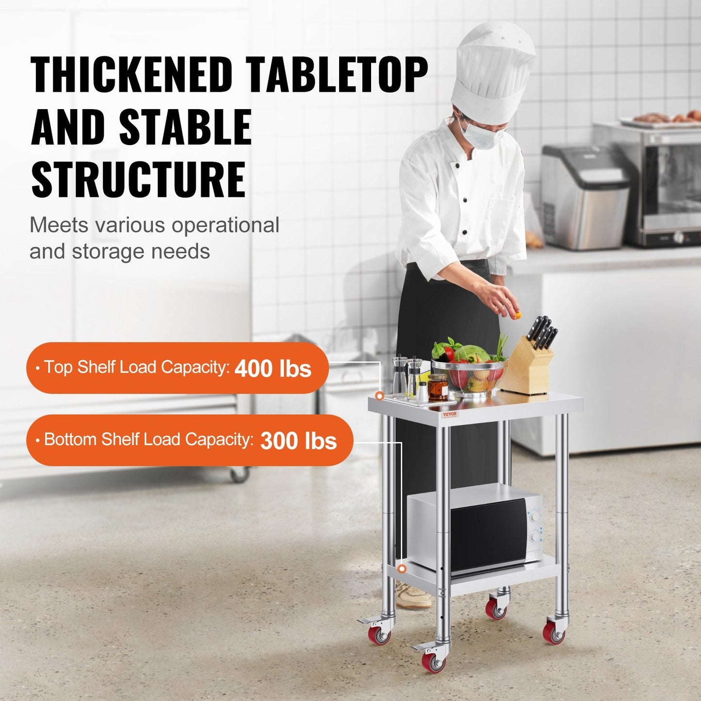 Stainless Steel Work Table with Adjustable Shelves and Wheels, 610x450x860mm