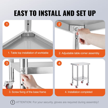 Stainless Steel Work Table with Adjustable Shelves and Wheels, 610x450x860mm