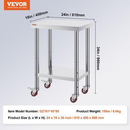 Stainless Steel Work Table with Adjustable Shelves and Wheels, 610x450x860mm