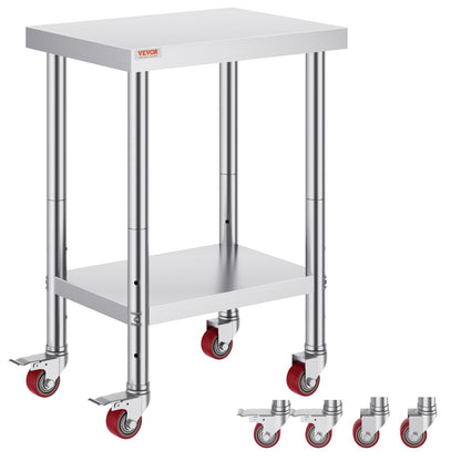Stainless Steel Work Table with Adjustable Shelves and Wheels, 610x450x860mm