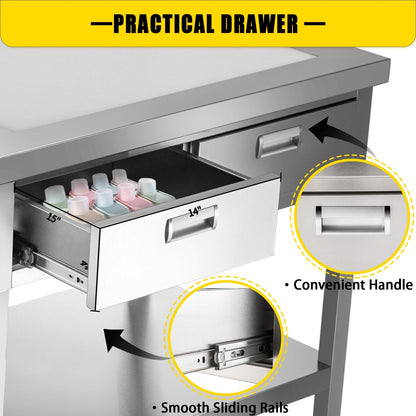 Stainless Steel Food Prep Worktable with Drawer and Double Shelf, 0.6 x 0.9m