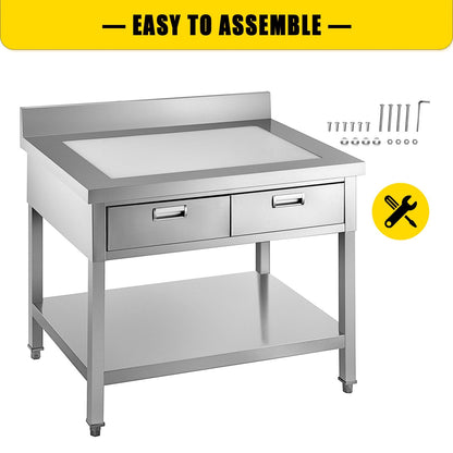 Stainless Steel Food Prep Worktable with Drawer and Double Shelf, 0.6 x 0.9m