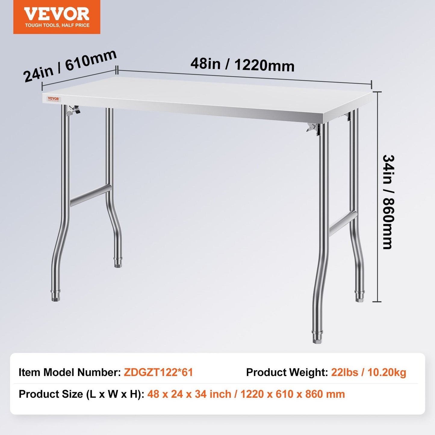 Stainless Steel Folding Kitchen Work Table, 1.22 x 0.61 M, Durable & Versatile