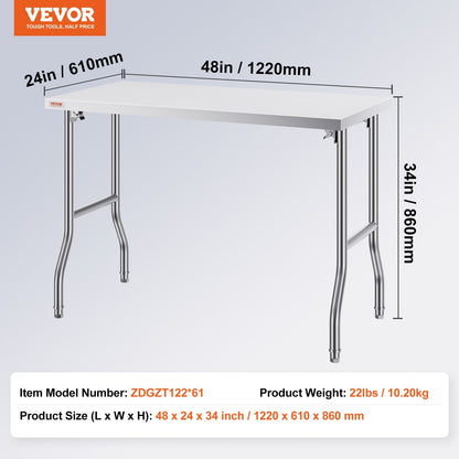 Stainless Steel Folding Kitchen Work Table, 1.22 x 0.61 M, Durable & Versatile