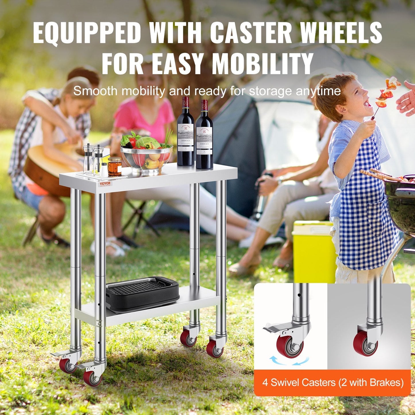 Stainless Steel Work Table with 3-Stage Adjustable Shelf and Wheels, 0.76m x 0.3m