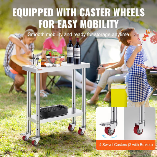 Stainless Steel Work Table with 3-Stage Adjustable Shelf and Wheels, 0.76m x 0.3m