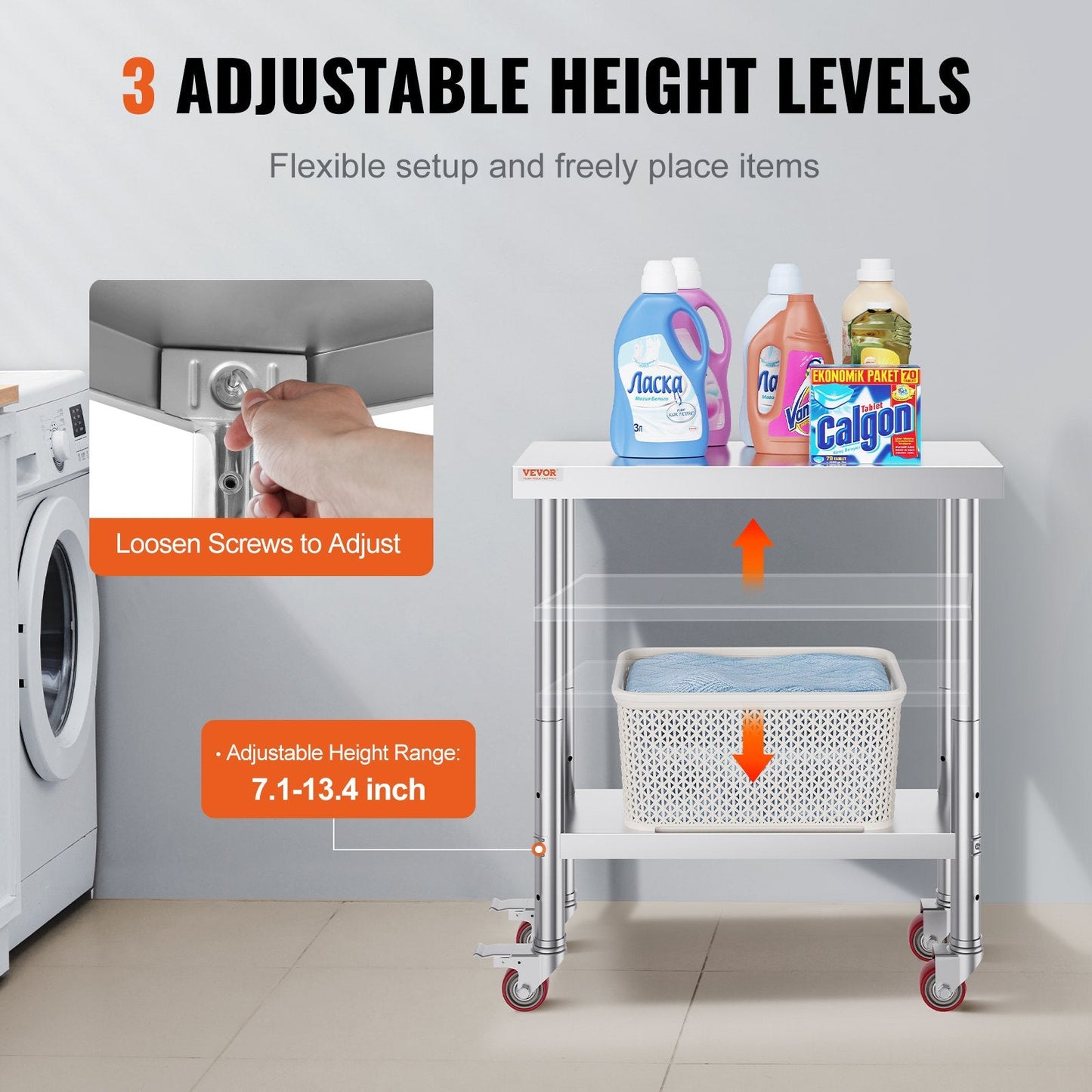 Stainless Steel Work Table with 3-Stage Adjustable Shelf and Wheels, 0.76m x 0.3m