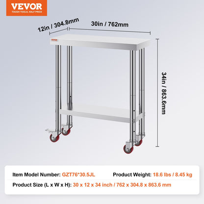 Stainless Steel Work Table with 3-Stage Adjustable Shelf and Wheels, 0.76m x 0.3m