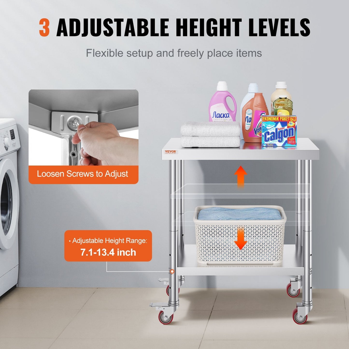 Stainless Steel Work Table with Adjustable Shelf & Wheels, 0.76 x 0.45 x 0.86m