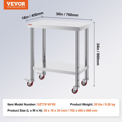 Stainless Steel Work Table with Adjustable Shelf & Wheels, 0.76 x 0.45 x 0.86m