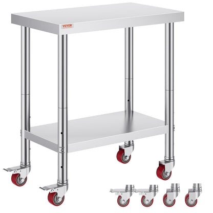 Stainless Steel Work Table with Adjustable Shelf & Wheels, 0.76 x 0.45 x 0.86m