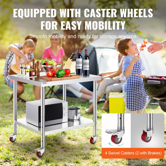 Adjustable Stainless Steel Work Table with Wheels, 0.9 x 0.76 x 0.86m, 318 kg Capacity