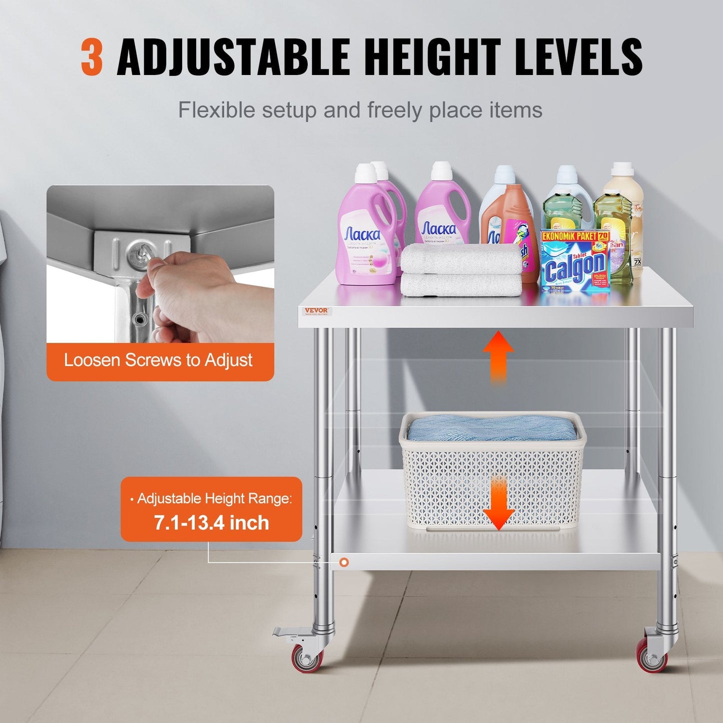 Adjustable Stainless Steel Work Table with Wheels, 0.9 x 0.76 x 0.86m, 318 kg Capacity