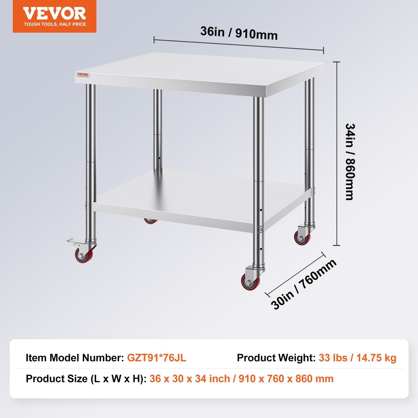 Adjustable Stainless Steel Work Table with Wheels, 0.9 x 0.76 x 0.86m, 318 kg Capacity
