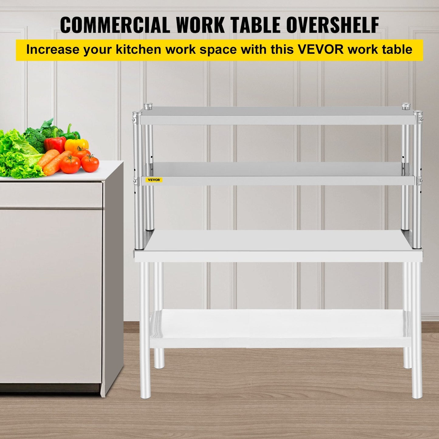 Stainless Steel Double Overshelf for Kitchen Table, 1.22m x 0.3m, 80kg Capacity