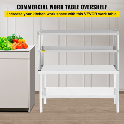 Stainless Steel Double Overshelf for Kitchen Table, 1.22m x 0.3m, 80kg Capacity