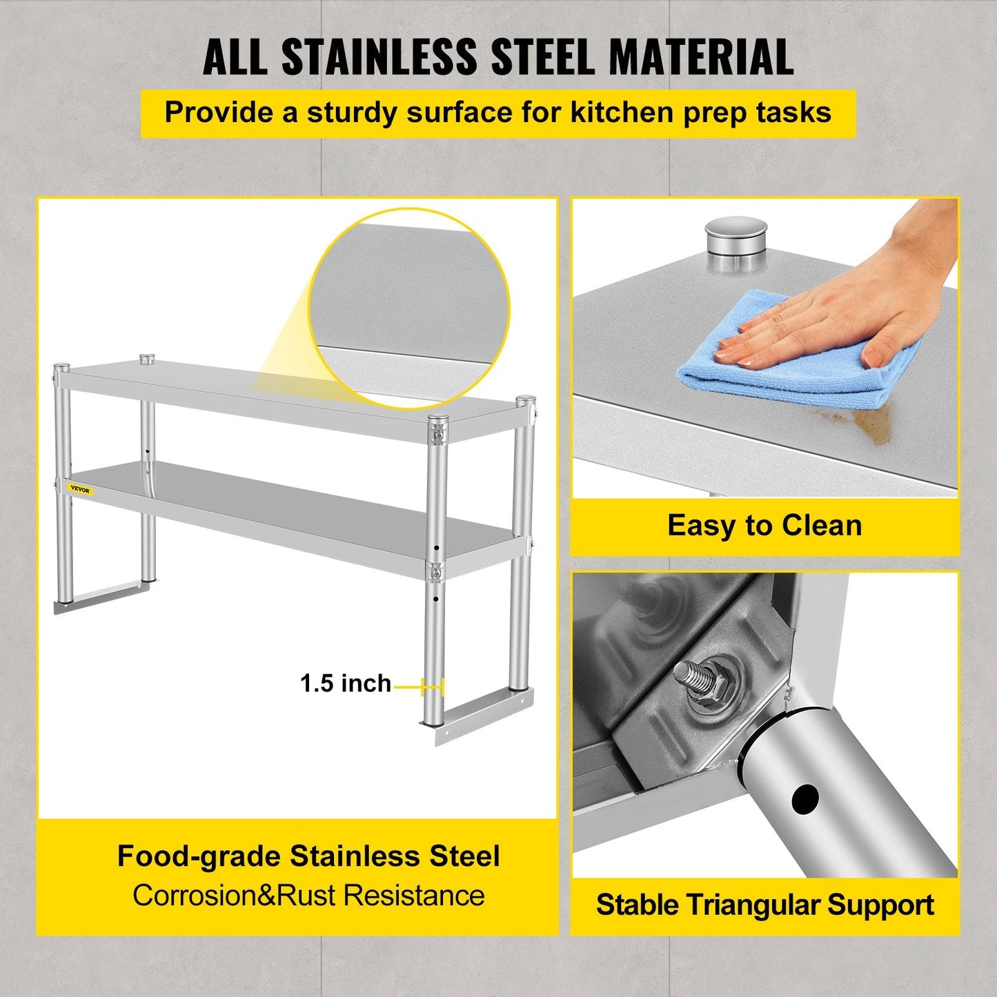 Stainless Steel Double Overshelf for Kitchen Table, 1.22m x 0.3m, 80kg Capacity