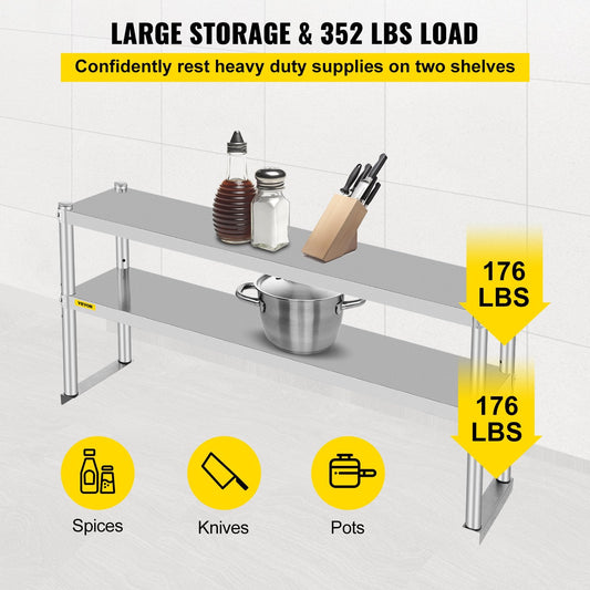 Stainless Steel Double Overshelf for Kitchen Table, 1.22m x 0.3m, 80kg Capacity