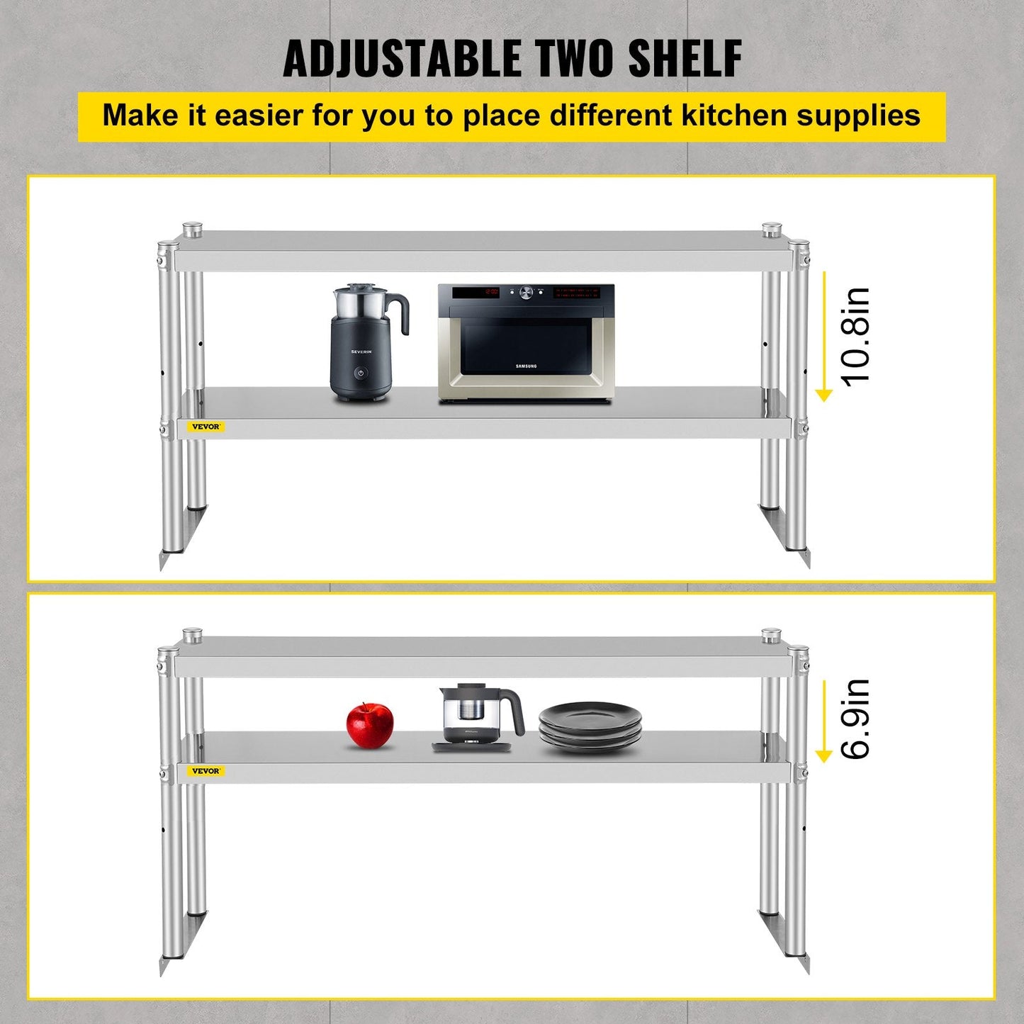 Stainless Steel Double Overshelf for Kitchen Table, 1.22m x 0.3m, 80kg Capacity