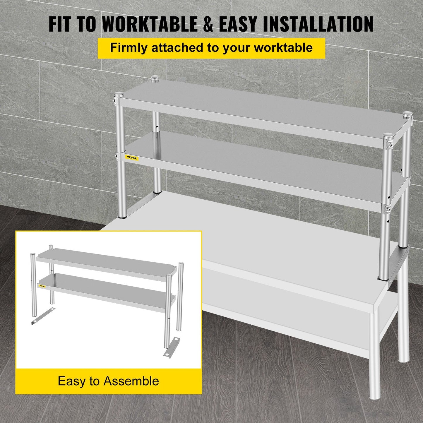 Stainless Steel Double Overshelf for Kitchen Table, 1.22m x 0.3m, 80kg Capacity