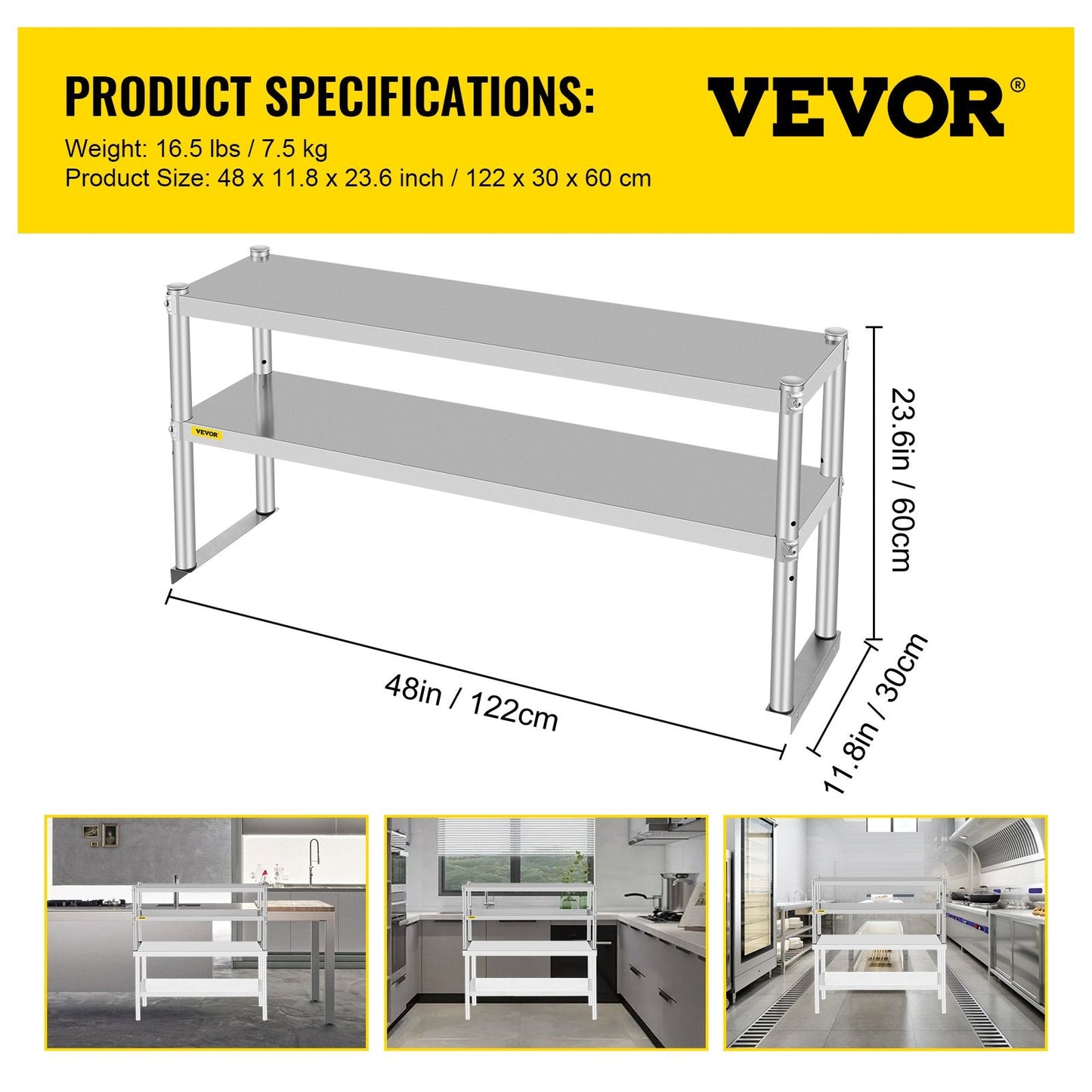 Stainless Steel Double Overshelf for Kitchen Table, 1.22m x 0.3m, 80kg Capacity