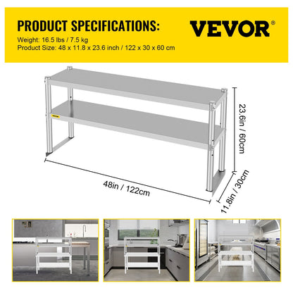 Stainless Steel Double Overshelf for Kitchen Table, 1.22m x 0.3m, 80kg Capacity
