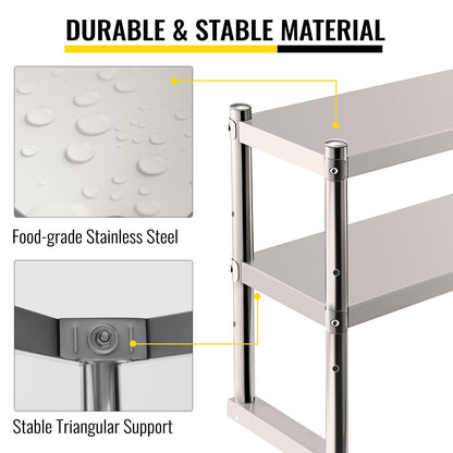 VEVOR Double Overshelf Stainless Steel Overshelf 2-Tier 30x152cm for Prep Table