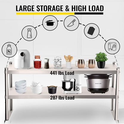 VEVOR Double Overshelf Stainless Steel Overshelf 2-Tier 30x152cm for Prep Table