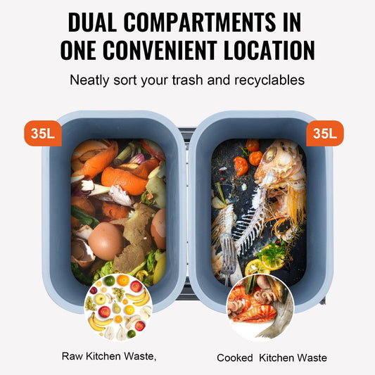 Pull-Out Double Bin Trash Can, 70L Total, Under Mount Kitchen Waste Container