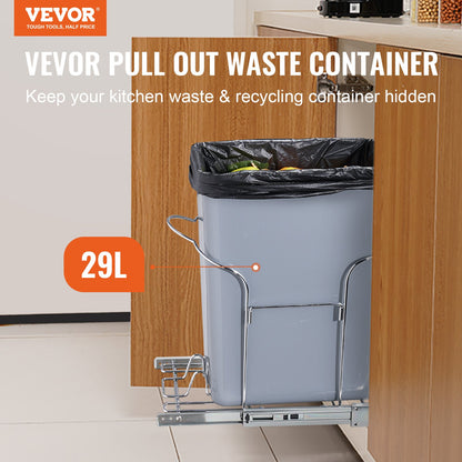 VEVOR Single Pullout Waste Container Kitchen Trash Can 29L with Handle Grey