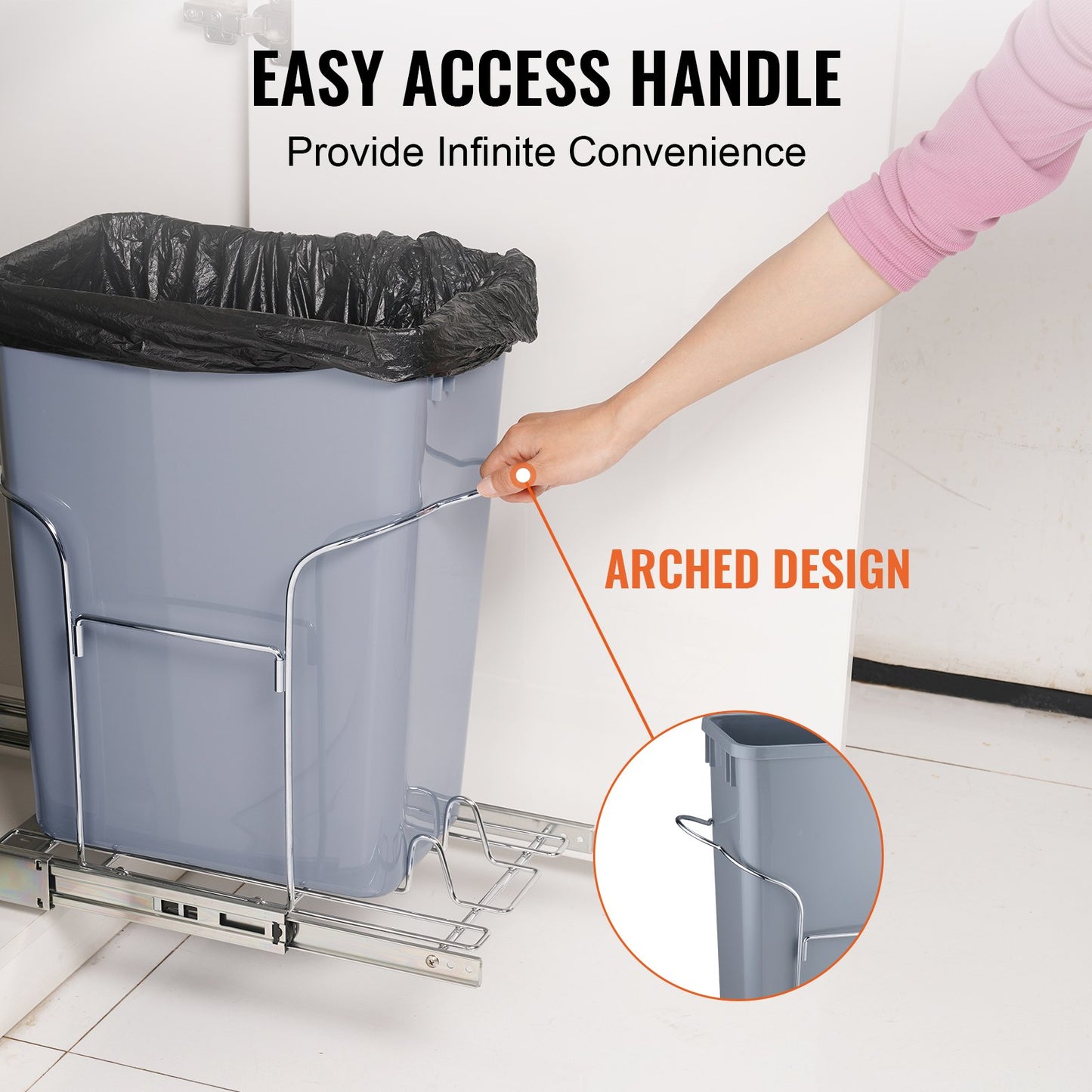 VEVOR Single Pullout Waste Container Kitchen Trash Can 29L with Handle Grey