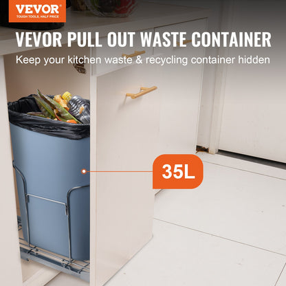 VEVOR Single Pullout Waste Container Kitchen Trash Can 35L with Soft Close Grey