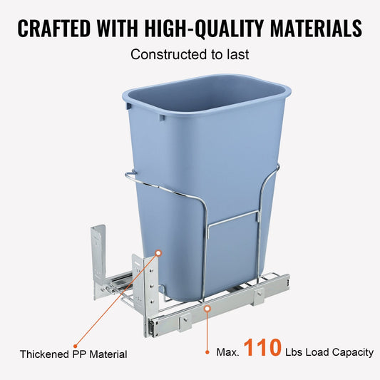 Pullout Kitchen Trash Bin 35L with Handle, Grey, Smooth Sliding Rails