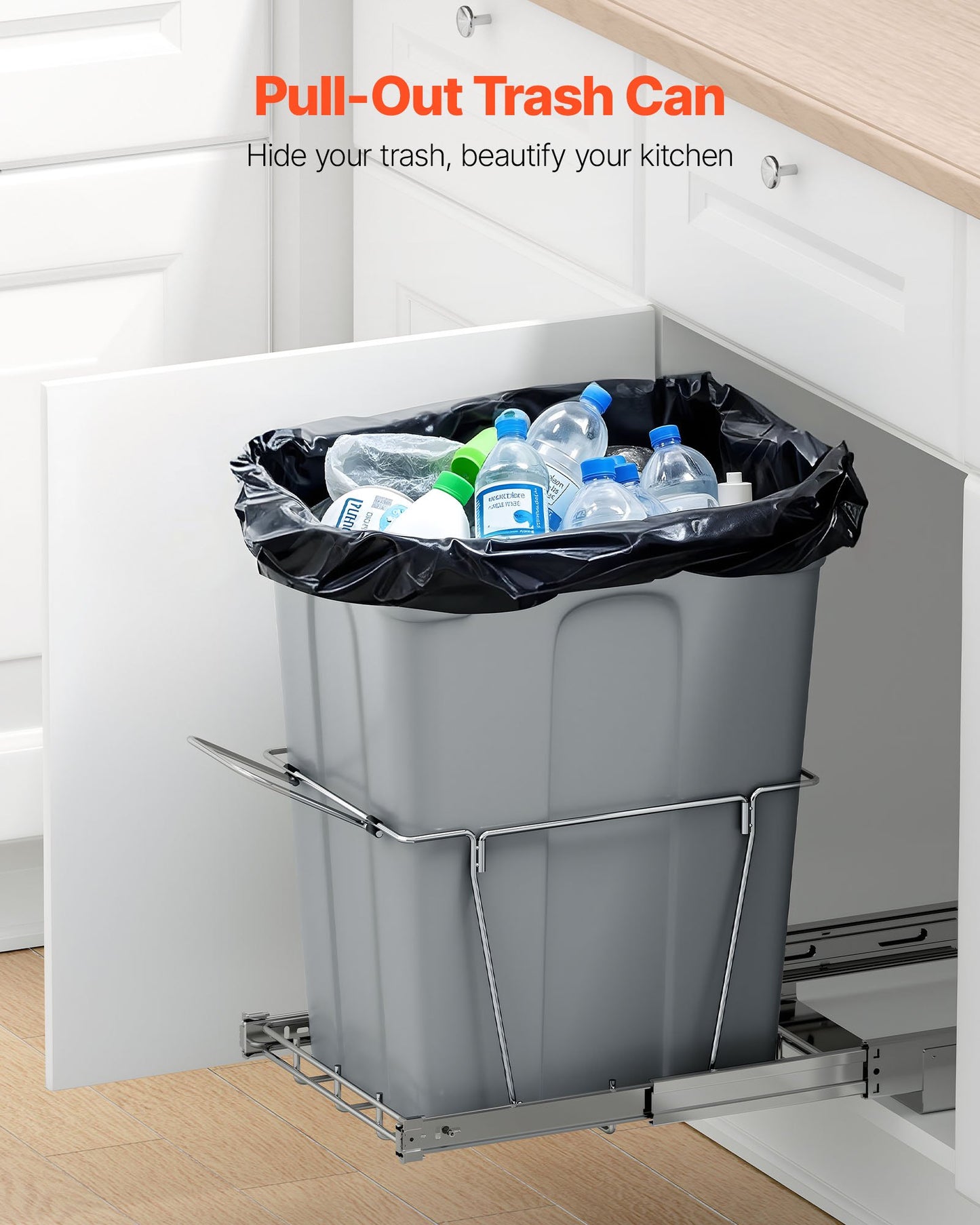 Pullout Trash Can for Kitchen Cabinets, Garbage Waste Recycling Bin, Under Mount Waste Container, with Heavy Duty Metal Full Extension Sliding System and Handle, for Sink, Under Counter